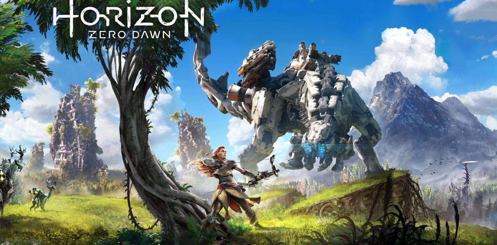 Horizon Zero Dawn la protagonista con arco en mano y un animal metalico de fondo