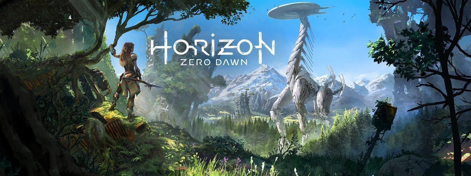 Horizon Zero Dawn la protagonista con un animal metalico gigantesco de fondo